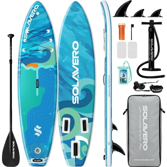 SOLAVERO Inflatable Stand Up Paddle Board with SUP Accessories, Anti-Slip EVA Deck, 11'×33" Blow Up Paddle Board Adults & Youth