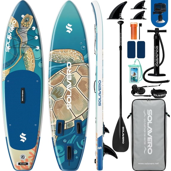 SOLAVERO Inflatable Stand Up Paddle Board with SUP Accessories, Anti-Slip EVA Deck, 11'×33" Blow Up Paddle Board Adults & Youth