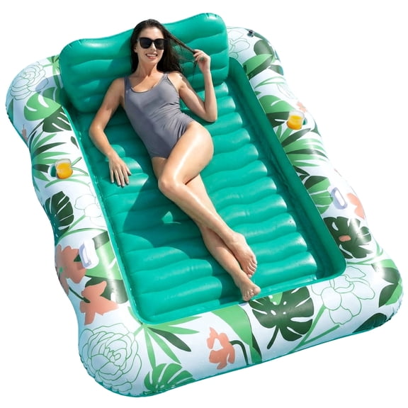SOLAVERO Inflatable Tanning Pool Lounger Float, 75''×51'' Tanning Bed with Cup Holder & Pillow, Adult Blow up Pool Raft