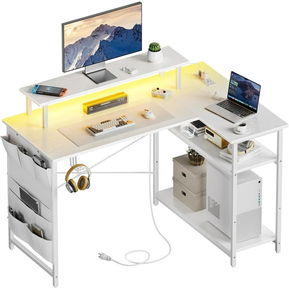 HLDIRECT L Shaped Computer Desk with Power Outlet, Gaming Desk with LED Lights, 44 Inch Corner Desk with Monitor Stand & Height Adjustable Storage Shelves, Home Office Desk for Bedroom, White