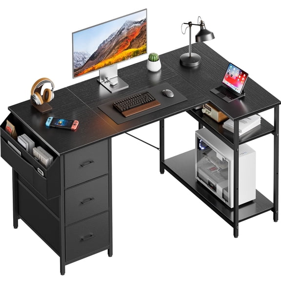 HLDIRECT L Shaped Computer Desk with Drawers & Storage Shelves, 47 inch Corner Desk for Home Office and Bedroom, Black