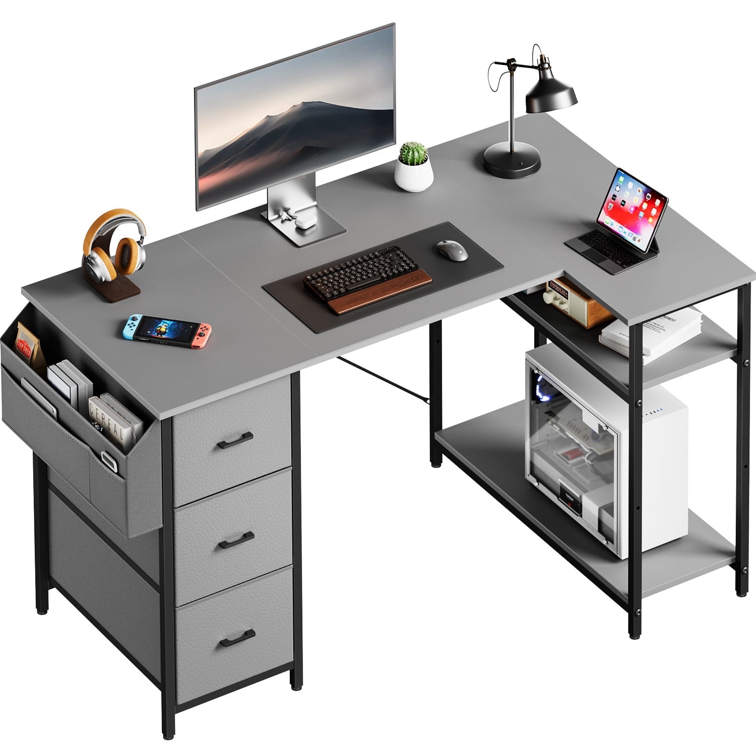 HLDIRECT L Shaped Computer Desk with Drawers & Storage Shelves, 47 inch Corner Desk for Home Office and Bedroom, Gray
