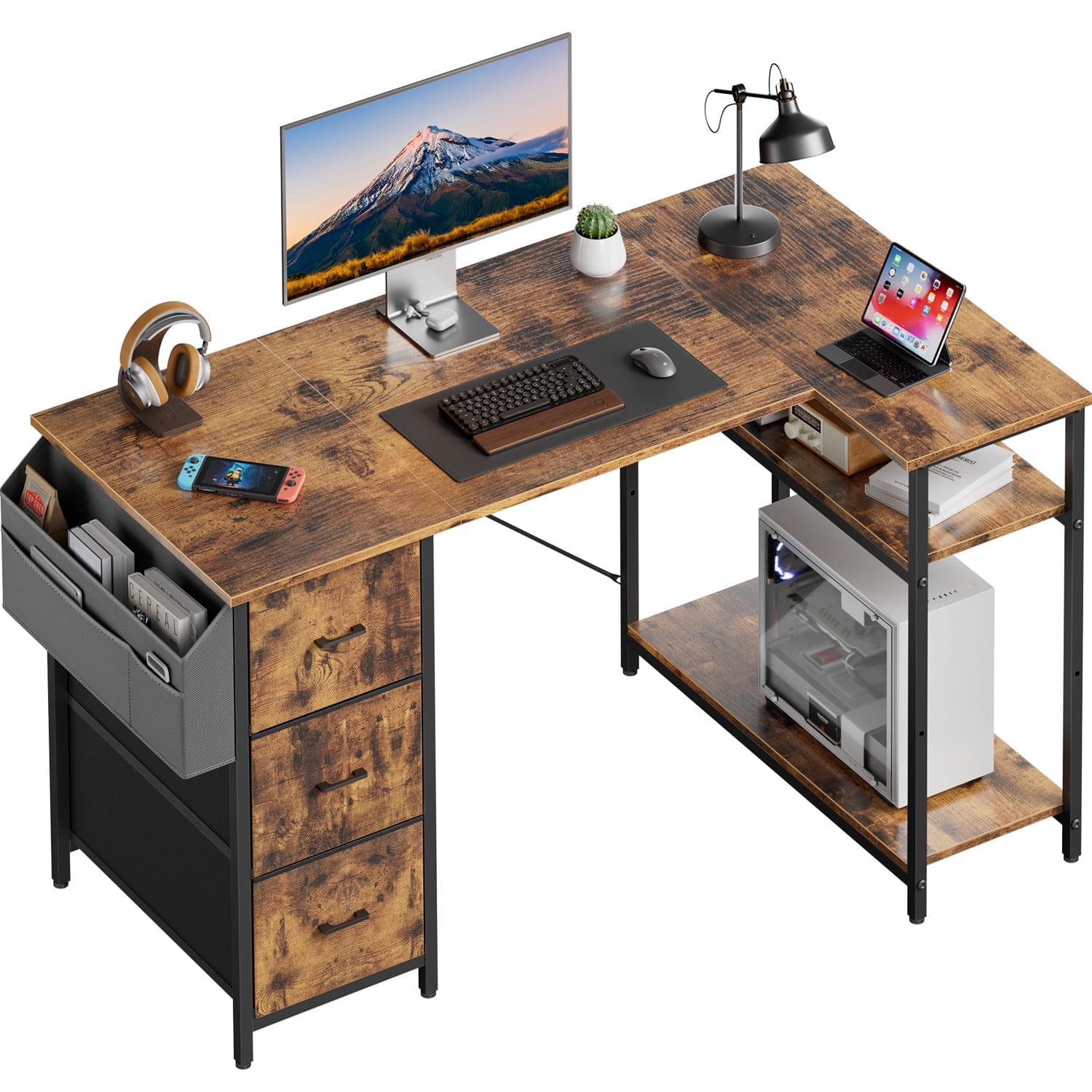 HLDIRECT L Shaped Computer Desk with Drawers & Storage Shelves, 47 inch Corner Desk for Home Office and Bedroom, Rustic Brown