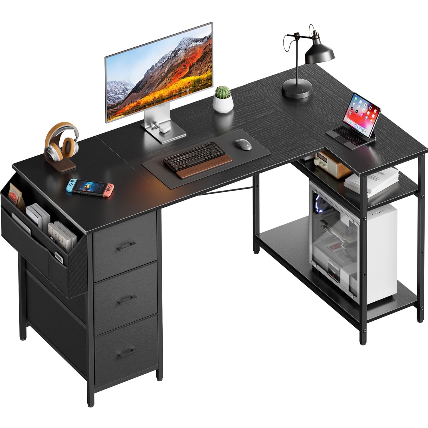 HLDIRECT L Shaped Computer Desk with Drawers & Storage Shelves, 55 inch Corner Desk for Home Office and Bedroom, Black