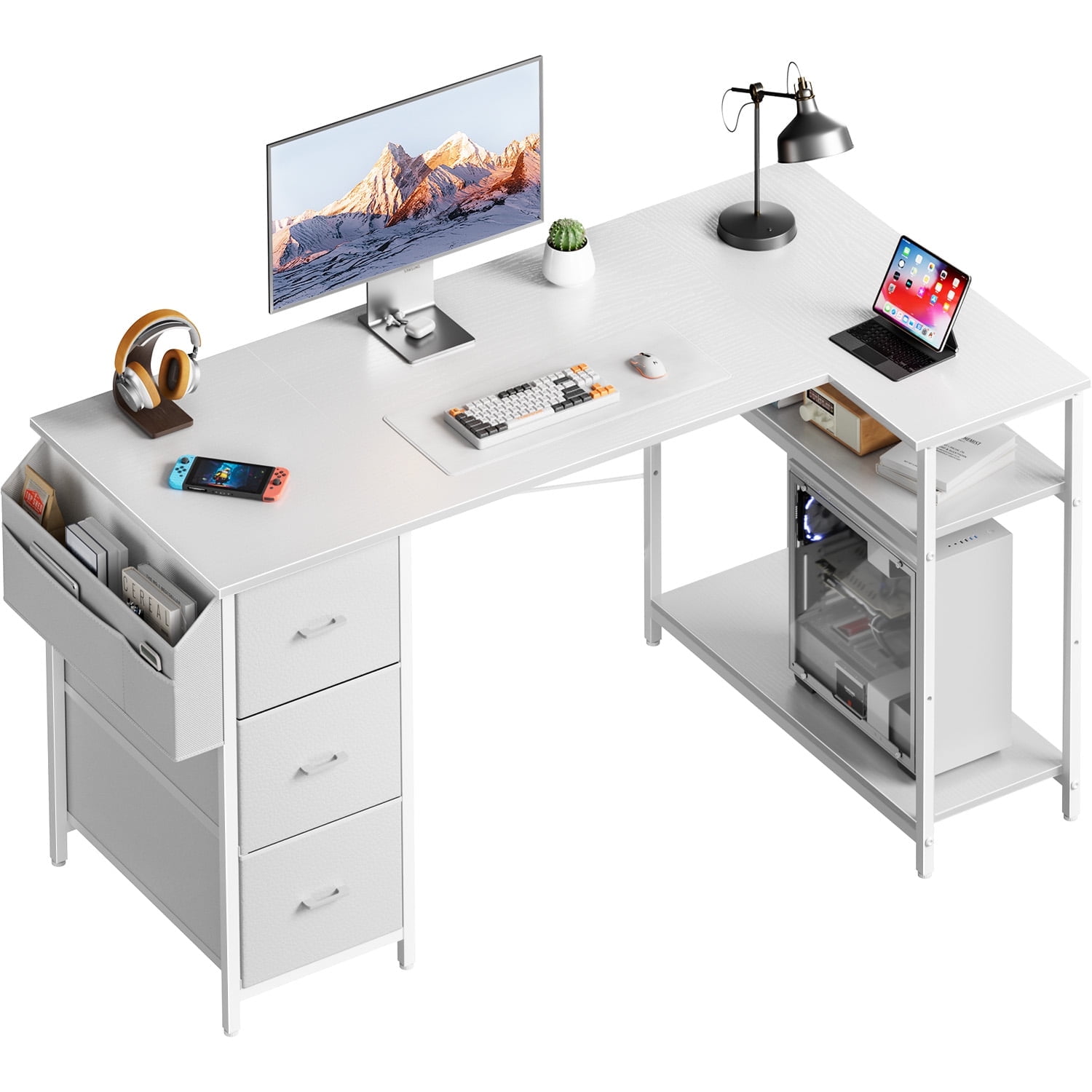 HLDIRECT L Shaped Computer Desk with Drawers & Storage Shelves, 55 inch Corner Desk for Home Office and Bedroom, White