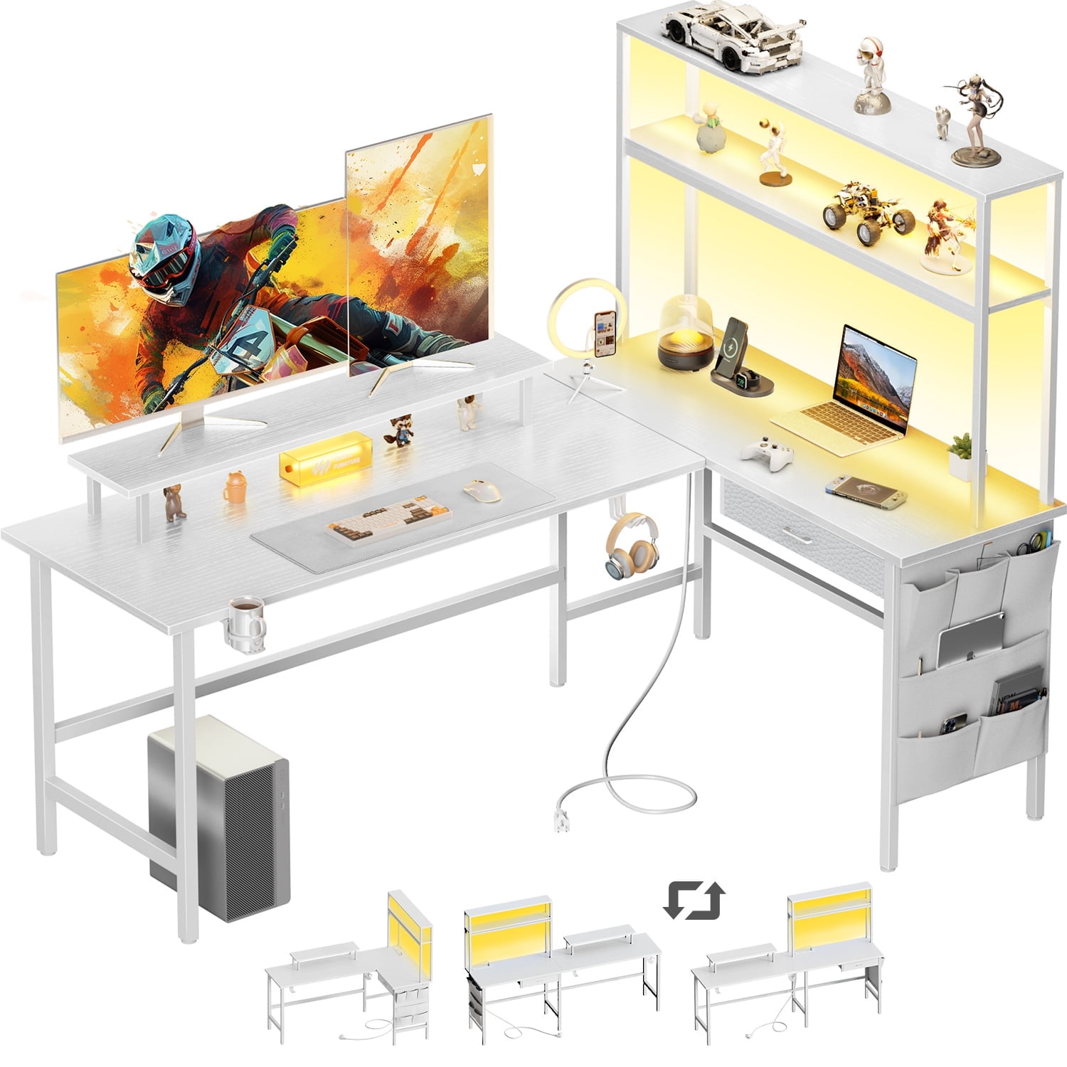 HLDIRECT L Shaped Gaming Desk with LED Light & Power Outlet, 59 Inch Reversible Corner Computer Desk with Storage Shelves & Drawer & Bag, Game Table with Hutch Monitor Stand, White