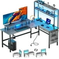 thumbnail image 1 of HLDIRECT L Shaped Gaming Desk with LED Light & Power Outlet, 59 Inch Reversible Corner Computer Desk with Storage Shelves & Drawer & Bag, Game Table with Hutch Monitor Stand, Gray, 1 of 9