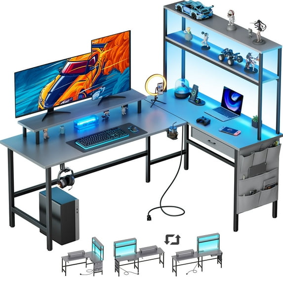 HLDIRECT L Shaped Gaming Desk with LED Light & Power Outlet, 59 Inch Reversible Corner Computer Desk with Storage Shelves & Drawer & Bag, Game Table with Hutch Monitor Stand, Gray
