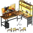 thumbnail image 1 of HLDIRECT L Shaped Gaming Desk with LED Light & Power Outlet, 59 Inch Reversible Corner Computer Desk with Storage Shelves & Drawer & Bag, Game Table with Hutch Monitor Stand, Rustic Brown, 1 of 9
