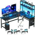thumbnail image 1 of HLDIRECT L Shaped Gaming Desk with LED Light & Power Outlet, 59 Inch Reversible Corner Computer Desk with Storage Shelves & Drawer & Bag, Game Table with Hutch Monitor Stand, Black, 1 of 9