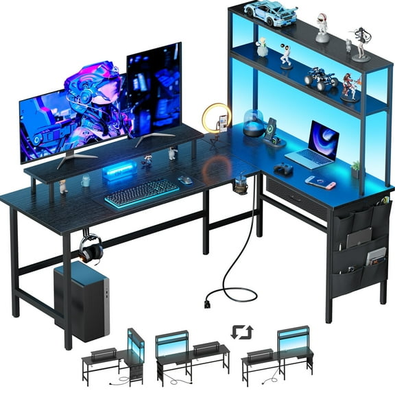 HLDIRECT L Shaped Gaming Desk with LED Light & Power Outlet, 59 Inch Reversible Corner Computer Desk with Storage Shelves & Drawer & Bag, Game Table with Hutch Monitor Stand, Black