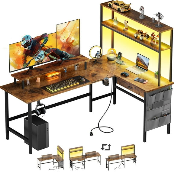 HLDIRECT L Shaped Gaming Desk with LED Light & Power Outlet, 67 Inch Reversible Corner Computer Desk with Storage Shelves & Drawer & Bag, Game Table with Hutch Monitor Stand, Rustic Brown