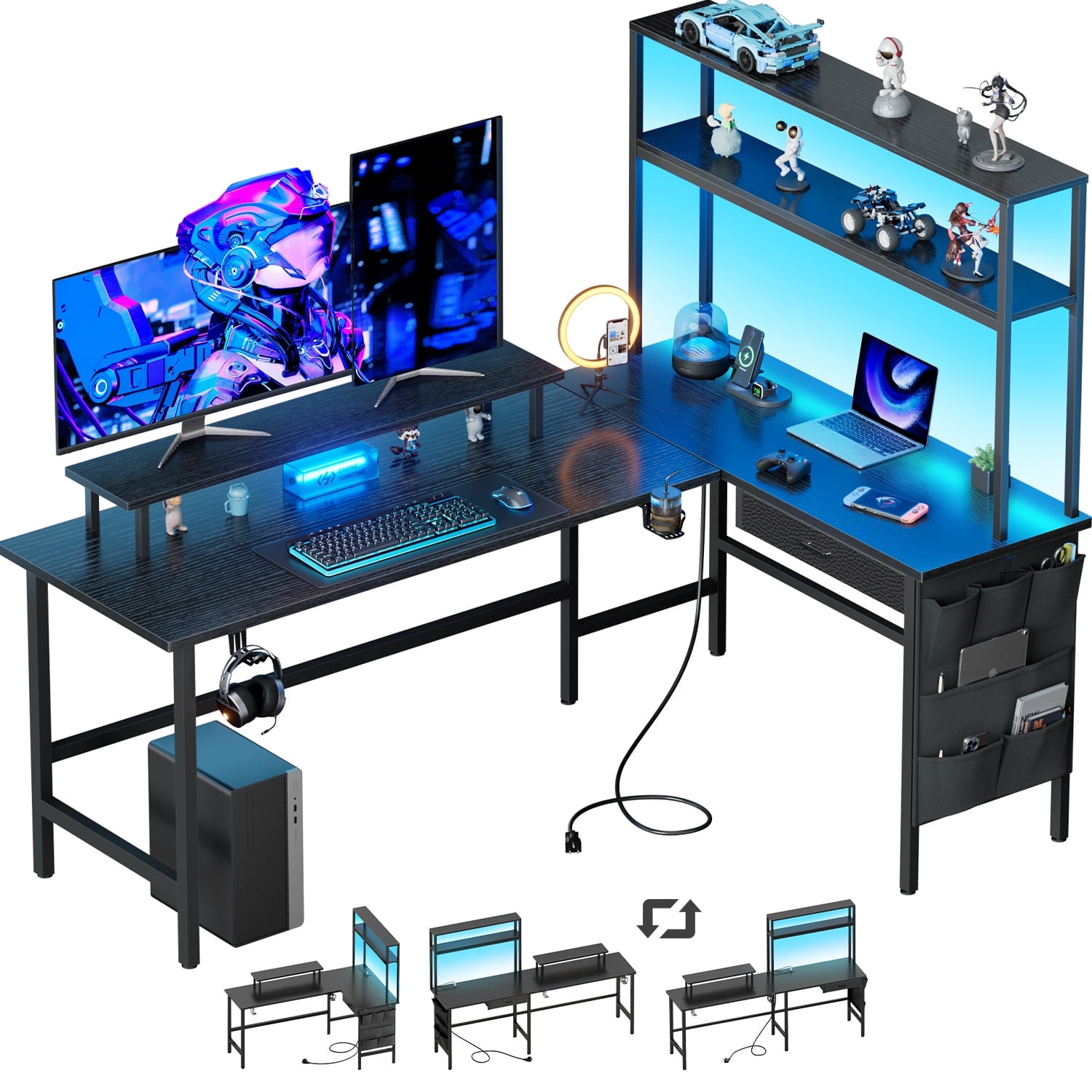 HLDIRECT L Shaped Gaming Desk with LED Light & Power Outlet, 67 inch Reversible Corner Computer Desk with Storage Shelves & Drawer & Bag, Game Table with Hutch Monitor Stand, Black