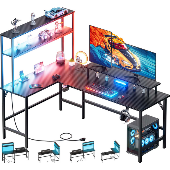 HLDIRECT L Shaped Gaming Desk with LED & Power Outlet, 67 inch Reversible Computer Desk with Shelves and Monitor Stand