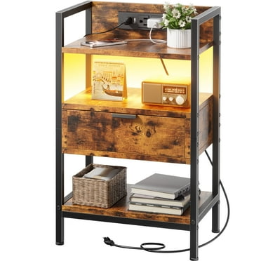 HLDIRECT Night Stand with Charging Station, LED Nightstand with Storage Shelf & Wooden Drawer, 3-Tier Bedside Table for Bedroom, End Table Living Room, Small Space, Rustic Brown