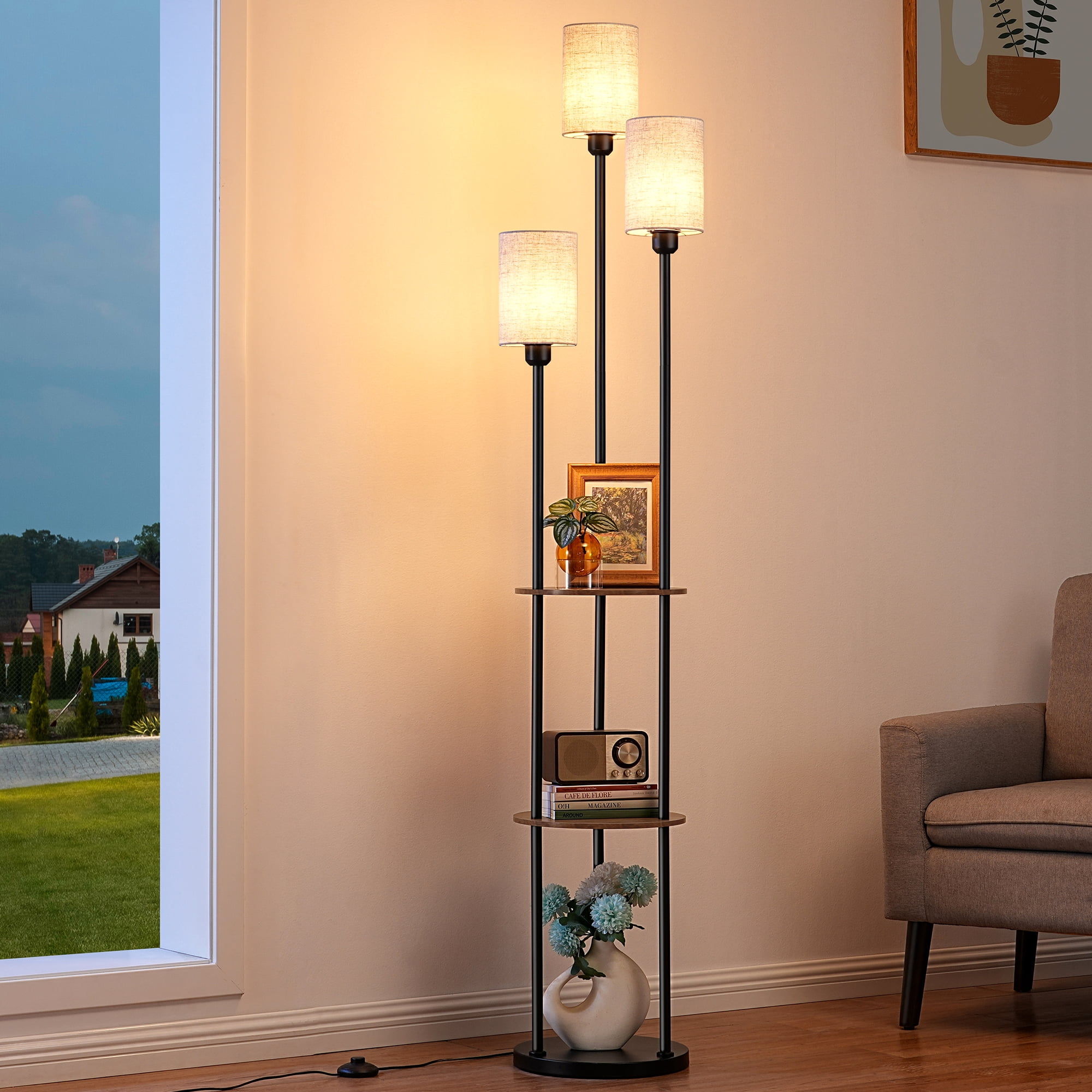 EDISHINE Floor Lamps with Shelf for Living Room, Tall Standing Farmhouse Floor lamp, Heavy Duty 3 Lights with Linen Shades