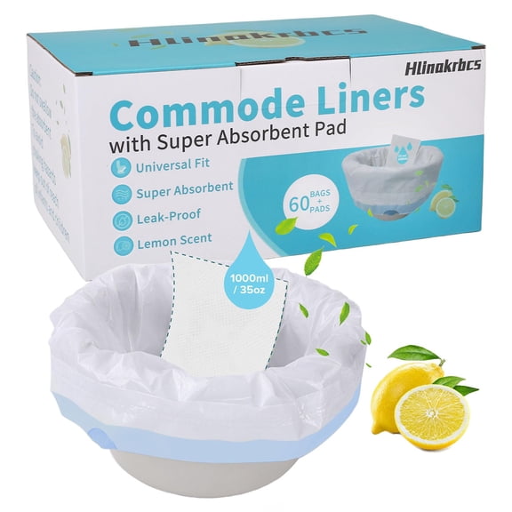 HLINAKRBCS 60 Pack Commode Liners with Absorbent Pads, Lemon Scent, Leak-Proof & Extra Thick, Universal Fit for Bedside Commode, Coommode Chair Toilet