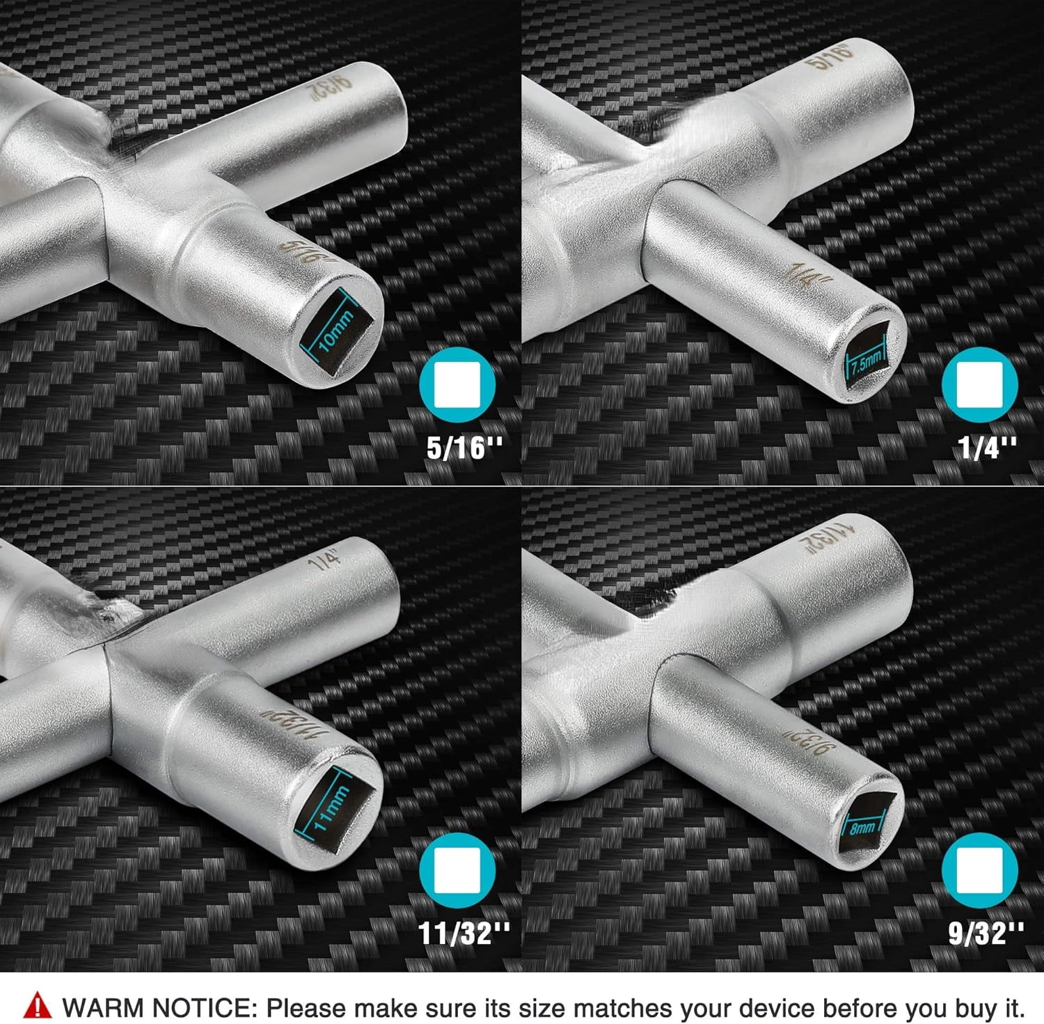 Clé à Tige Carrée 4 Voies - Lot De 4 Tailles (1/4", 9/32", 5/16", 11/32") Pour Plomberie Et Bricolage