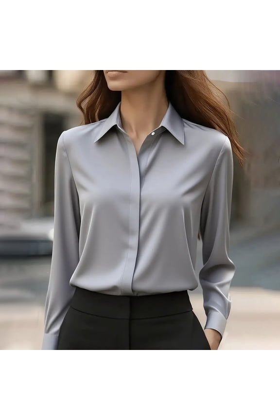 Blouses For Women Dressy Casual Button Down Wrinkle Resistance Long Sleeve Work Formal Dress Blouse Top Gray S-Xxl