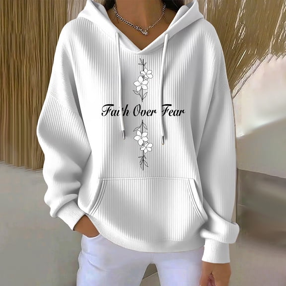 HLKJKLS Hoodies For Women Casual Overcomes Fear Textured Printed Hoodie Soft Imitation Knitting Sweatshirt White S-3Xl