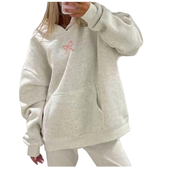 HLKJKLS Hoodies For Women Embroidered Bow Trendy Preppy Aesthetic Puff Hoodie Casual Sweater Red Xs-Xxl