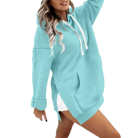 HLKJKLS Hoodies For Women Fashion Casual Warm Long Sleeve O Neck Soft Solid Winter Sweatshirt Tops Blue S-5Xl