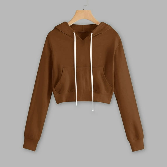 HLKJKLS Hoodies For Women Fashionable Casual Solid Color Pocket Short Long Sleeved Sweatshirt Brown S-3Xl