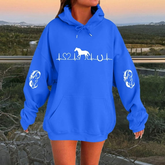 HLKJKLS Hoodies For Women Heartbeat Horse Printed Pullover Hoodie Fall Long Sleeve Sports Tops Western Style Blue S-5Xl
