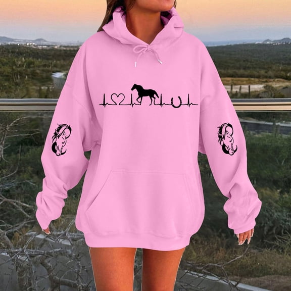 HLKJKLS Hoodies For Women Heartbeat Horse Printed Pullover Hoodie Fall Long Sleeve Sports Tops Western Style Pink S-5Xl