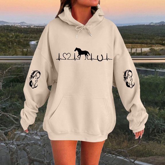 HLKJKLS Hoodies For Women Heartbeat Horse Printed Pullover Hoodie Fall Long Sleeve Sports Tops Western Style Yellow S-5Xl