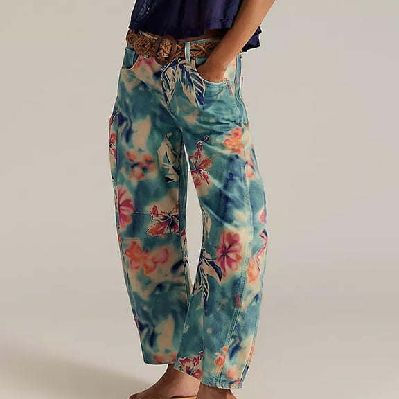 HLKJKLS Jeans For Women Baggy Barrel Jeans Print Denim Ankle Pants Wide Leg Mid Waist Patchwork Cotton Polyester Blue S-Xxl