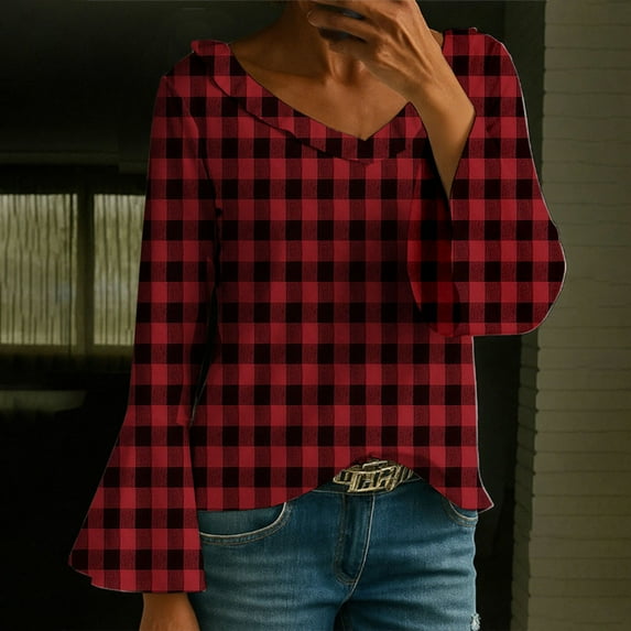 HLKJKLS Long Sleeve Shirts For Women 3/4 Bell Sleeve V Neck Pressed Pleated Solid Color T Shirt Cotton Like Spring Winter Red M-4Xl