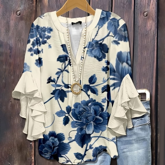 HLKJKLS Long Sleeve Shirts For Women 3/4 Bell Sleeves Half Button Down V Neck Winter Colorful Printed Casual Flowy Top Blue S-5Xl