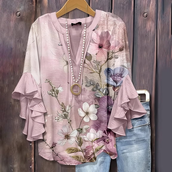 HLKJKLS Long Sleeve Shirts For Women 3/4 Bell Sleeves Half Button Down V Neck Winter Colorful Printed Casual Flowy Top Pink S-5Xl