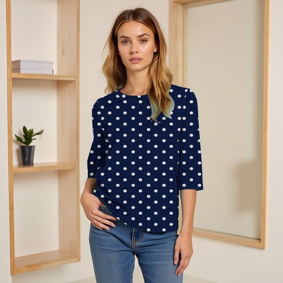 HLKJKLS Long Sleeve Shirts For Women 3/4 Sleeve Crew Neck Casual Holiday T Shirt Polyester Spandex Classic Print Blue S-3Xl