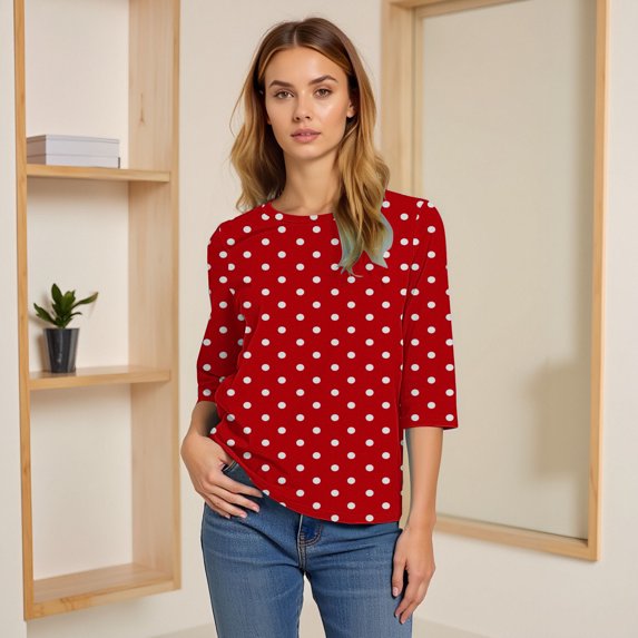 HLKJKLS Long Sleeve Shirts For Women 3/4 Sleeve Crew Neck Casual Holiday T Shirt Polyester Spandex Classic Print Red S-3Xl