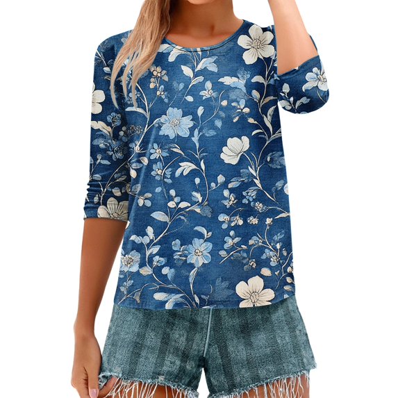 HLKJKLS Long Sleeve Shirts For Women 3/4 Sleeve Spring Print Round Neck Loose T Shirt Fashion Polyester Spandex Casual Blue S-3Xl
