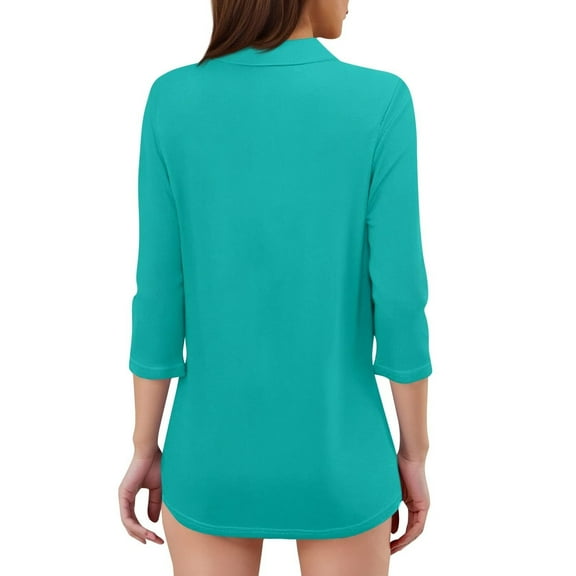 HLKJKLS Long Sleeve Shirts For Women 3/4 Sleeve V Neck Collared Business Casual Work Shirt Polyester Spandex Winter Blue Xs-3Xl