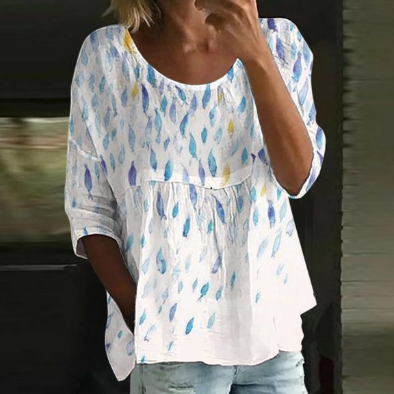 HLKJKLS Long Sleeve Shirts For Women 3/4 Sleeved Printed Round Neck Loose T Shirt Soft Bubble Wrinkles Casual Fashion Blue S-3Xl