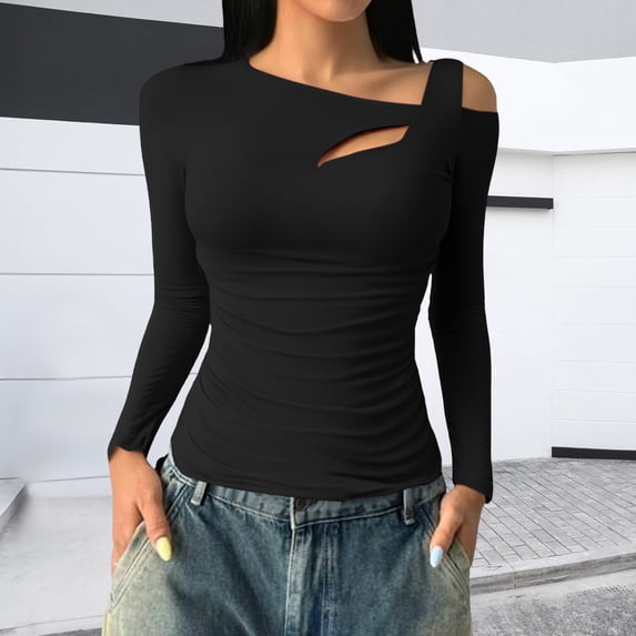 HLKJKLS Long Sleeve Shirts For Women Asymmetrical Neck Ribbed Pullover Long Sleeve Tight Basic Top Cotton Black S-3Xl