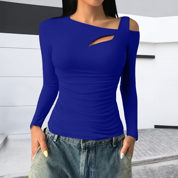 HLKJKLS Long Sleeve Shirts For Women Asymmetrical Neck Ribbed Pullover Long Sleeve Tight Basic Top Cotton Blue S-3Xl