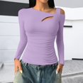 thumbnail image 1 of HLKJKLS Long Sleeve Shirts For Women Asymmetrical Neck Ribbed Pullover Long Sleeve Tight Basic Top Cotton Purple S-3Xl, 1 of 6