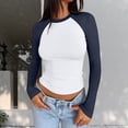 thumbnail image 1 of HLKJKLS Long Sleeve Shirts For Women Autumn Long Sleeve Slim Stretch Color Matching Top Casual Polyester Spandex Basic Layering Shirt Blue Xs-Xl, 1 of 4