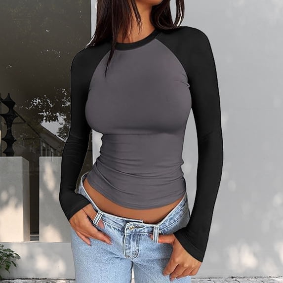 HLKJKLS Long Sleeve Shirts For Women Autumn Long Sleeve Slim Stretch Color Matching Top Casual Polyester Spandex Basic Layering Shirt Gray Xs-Xl