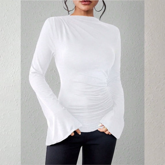 HLKJKLS Long Sleeve Shirts For Women Boat Neck Bell Sleeve Ribbed Ruched Long Sleeve Top Polyester Spandex White S-Xl