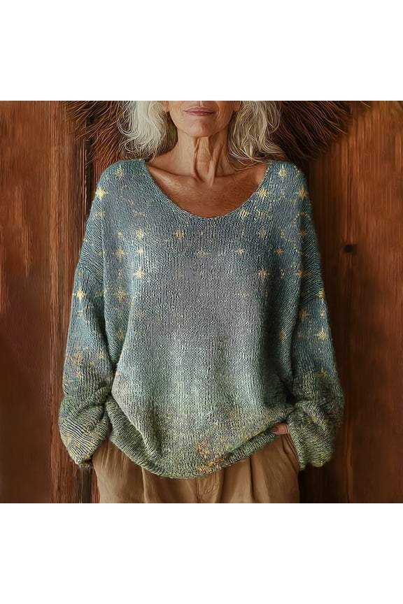 Long Sleeve Shirts For Women Casual Pattern Printed Pullover Sweater Retro Artistic Vibe Loose Comfortable Fabric Green S-5Xl