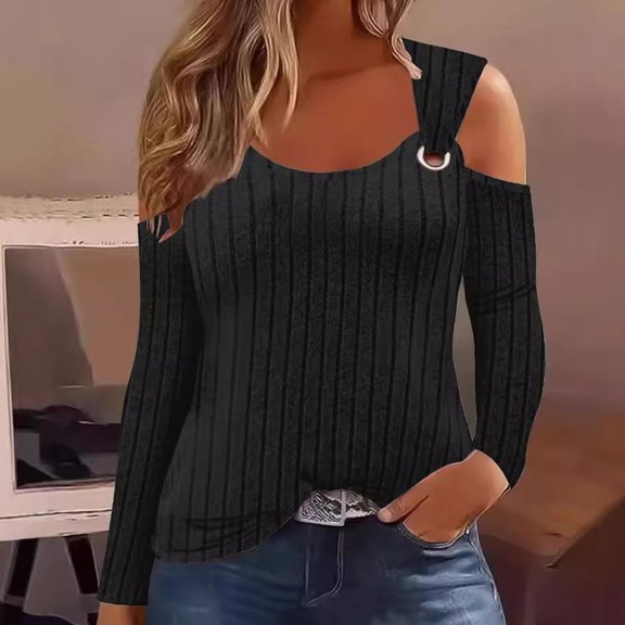 HLKJKLS Long Sleeve Shirts For Women Cold Shoulder Long Sleeve Textured Strappy V Neck Casual Tee Polyester Cotton Blend Black S-Xxl