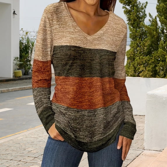 HLKJKLS Long Sleeve Shirts For Women Color Blocked Long Sleeve V Neck T Shirt Polyester-Cotton Blend Casual Fashionable Breathable Yellow S-Xxl
