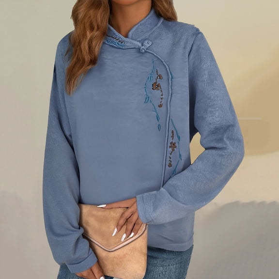 HLKJKLS Long Sleeve Shirts For Women Large Size Embroidered Cotton Padded Long Sleeve Inner Wear German Wool Autumn Winter Blue M-4Xl