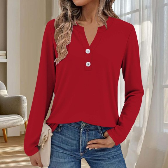 HLKJKLS Long Sleeve Shirts For Women Long Sleeve Button V Neck Loose Blouse T Shirt Polyester Spandex Breathable Comfortable Casual Stylish Red S-3Xl